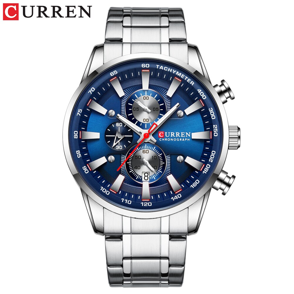 Curren Top Horloge Voor Mannen Quartz Sport Auto Horloge Chronograaf Klok Datum Horloges Rvs Mannelijke Horloge: silver blue