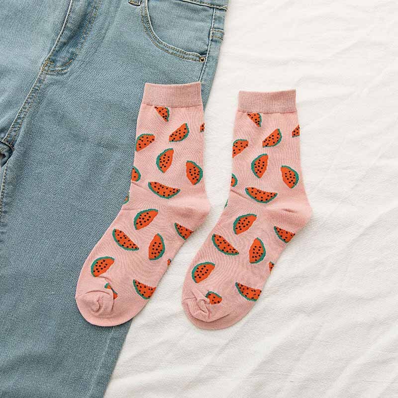 Dessin animé fruits coton chaussettes pastèque citron fraise banane avocat femmes chaussettes féminine Streetwear chaussettes été automne: Watermelon