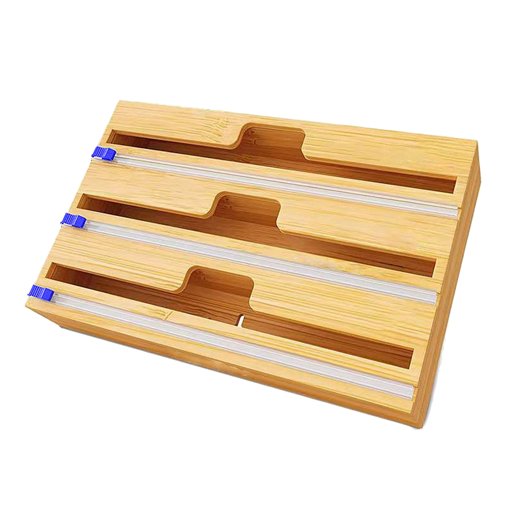 Plastic Wrap Dispenser Food Aluminum Foil Cling Film Cutter Sliding Cut Wood Storage Organizer Holder Kitchen Tool Accessories: 3 grid