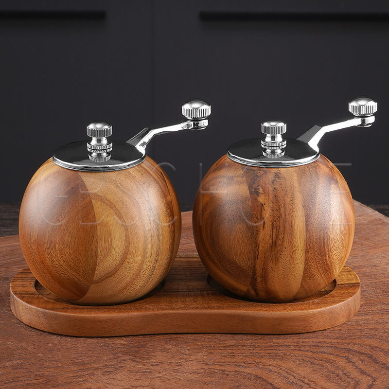 Style Advanced Round Ball Wooden Grinder Hand Crank Grinding with Base Set Manual Pepper Grinder Kitchen Supplies Tools