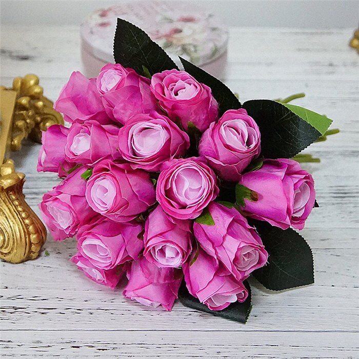 18 hoveder kunstige roser blomsterbuket små silke roser bryllup brude buket diy hjemmekontor bord blød dekor silke blomster