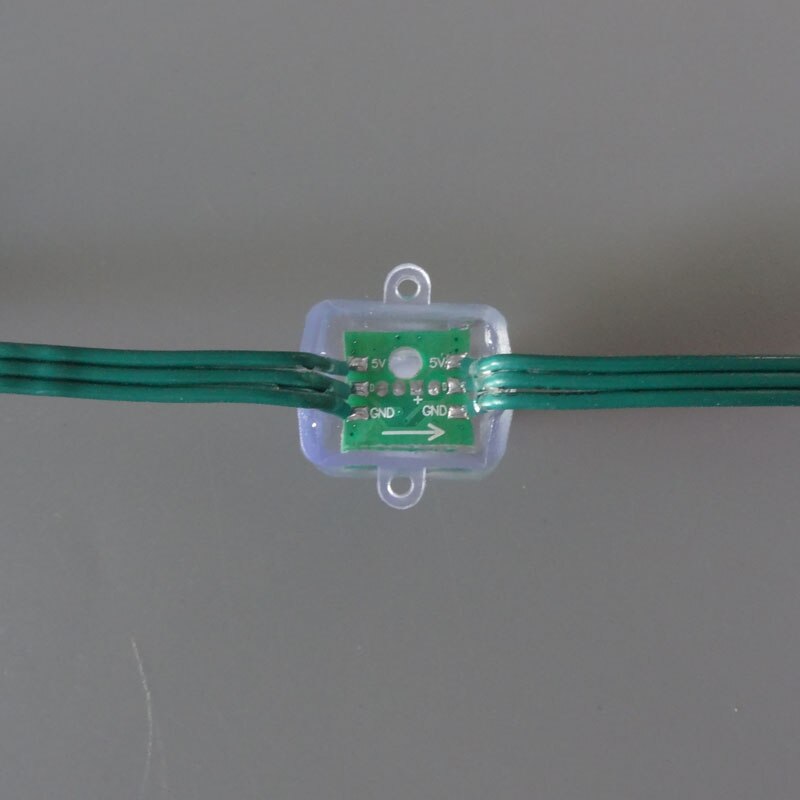 Square type all GREEN wire(20AWG) addressable DC5V 12mm through hole WS2811 led smart pixel node,IP68 rated;50pcs per strand