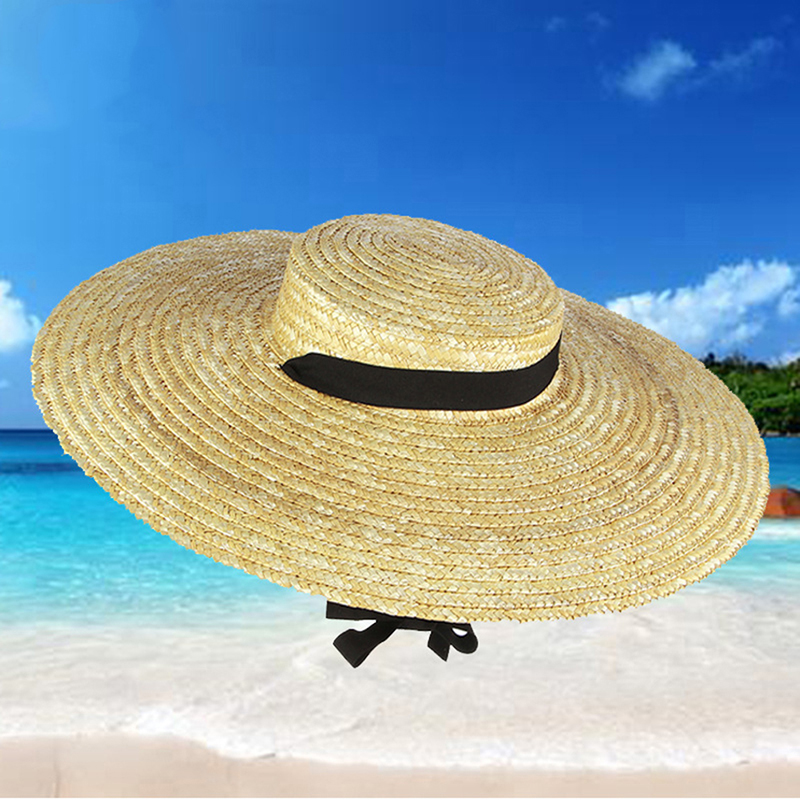 Chapeau de canotier à large bord pour femme, chapeau de paille à bord plat pour femme, chapeau de soleil d'été avec ruban blanc et noir, casquette de plage, 12cm, 15cm, 18cm