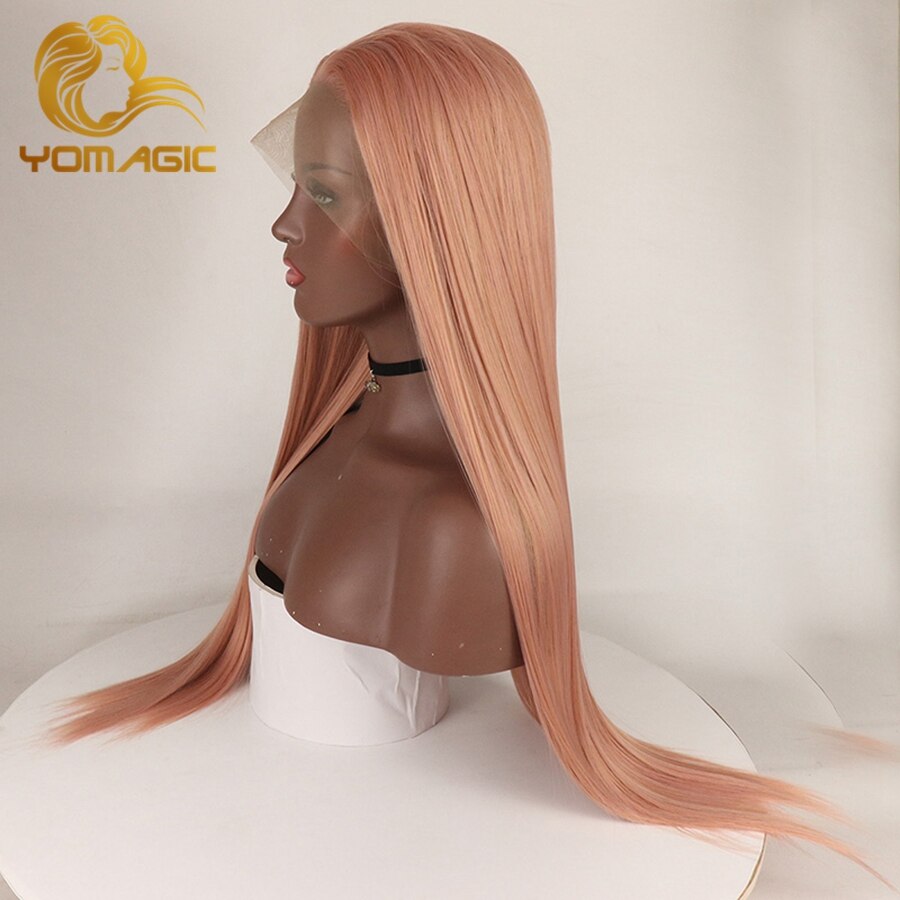 Yomagic Rose Pink Synthetic Hair Wigs with Natural Hairline Natural Looking Silk Straight Affordable Glueless Lace Wigs