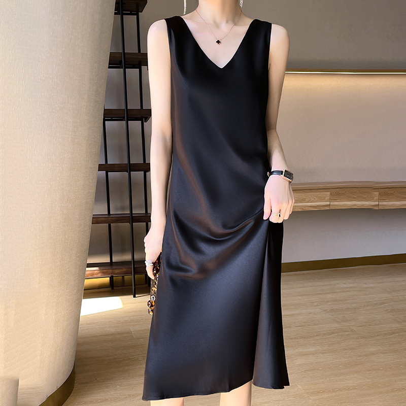 Lhzsyy silke satin for/bag v-hals slyngekjole dame ærmeløs vest top forår sommer morbærsilke hofte lange nederdele
