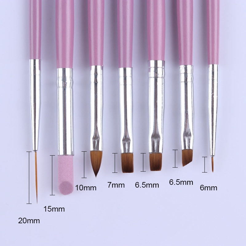 Juego de 7 PCs de pinceles para uñas, accesorios de manicura Nail Art con trazador de líneas de pintura, mango acrílico rosa, Gel UV para eliminar cutículas