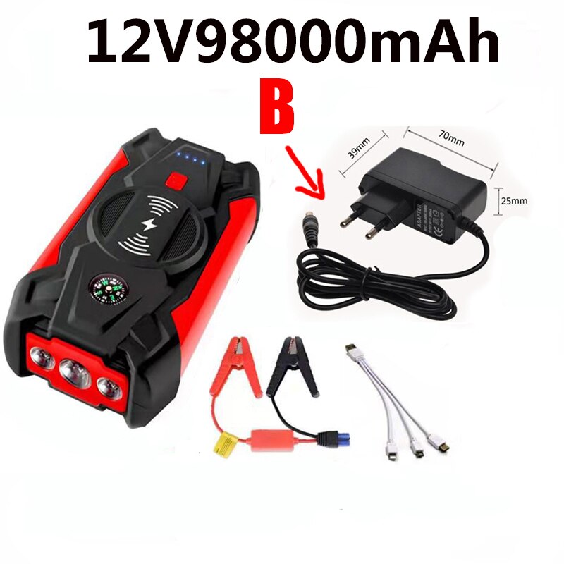 2021 nye 12 v 98000 mah mah bil jump starter power bank bærbar bil batteri booster oplader 12v start enhed diesel bil starter: 12v 98000 mah-b