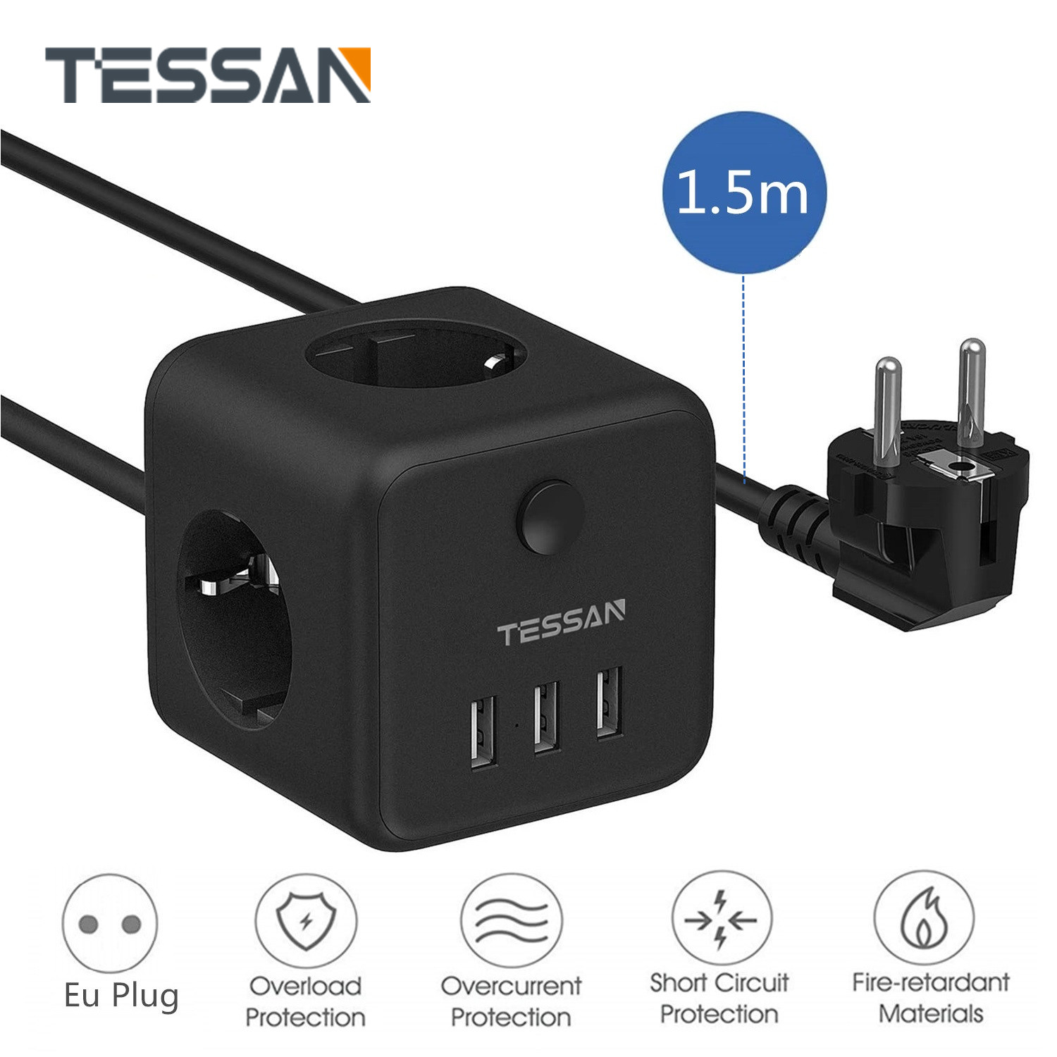 TESSAN Power Strip EU Socket Travel Power Strip with 3 AC Outlets and 3 USB Charging Ports On/Off Switch 1.5m/5ft Extension Cord: TS-301-BK