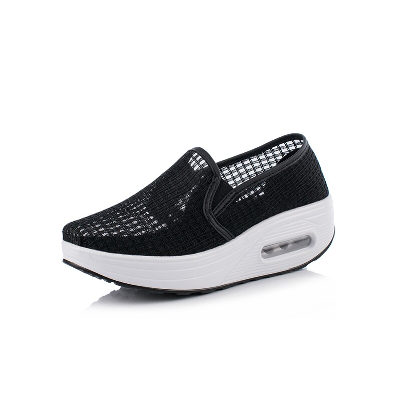 Women's Mesh Platform Toning Shoes - Slip-On Wedge Sneakers for Fitness & Height Increase: Black / 38