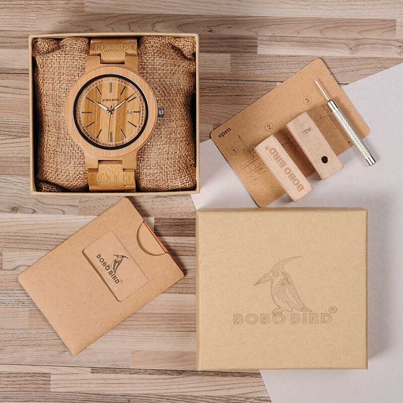 Bobo bird herenhorloges voor heren, bamboe houten horloges voor heren met roestvrijstalen sluiting, quartz relogio in doos