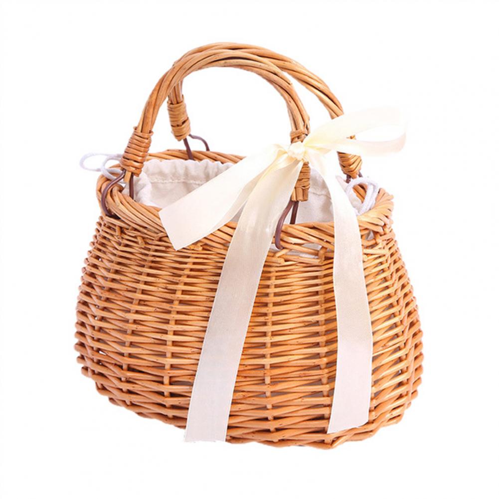Wicker Flower Basket Rustic Style Woven Handbag Handmade Rattan Woven Trendy Concise Women Handbag Picnic Fabric Rattan Basket: WHITE