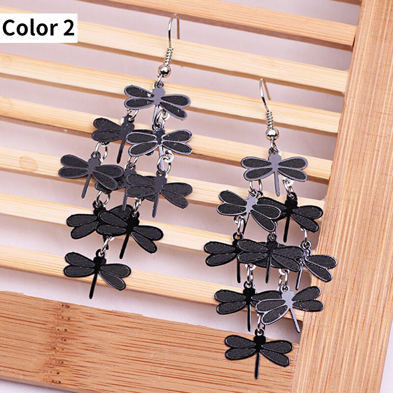Colorful Dragonfly Earrings Bohemia Style Mix Color Long Dangle Earrings for Women Jewellery: Color 2 Black