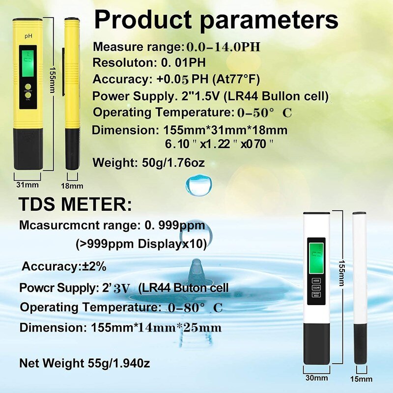 PH/TDS Meter High Accuracy Water Tester Digital PH Tester 3-in-1 TDS EC Temperature Meter for Water