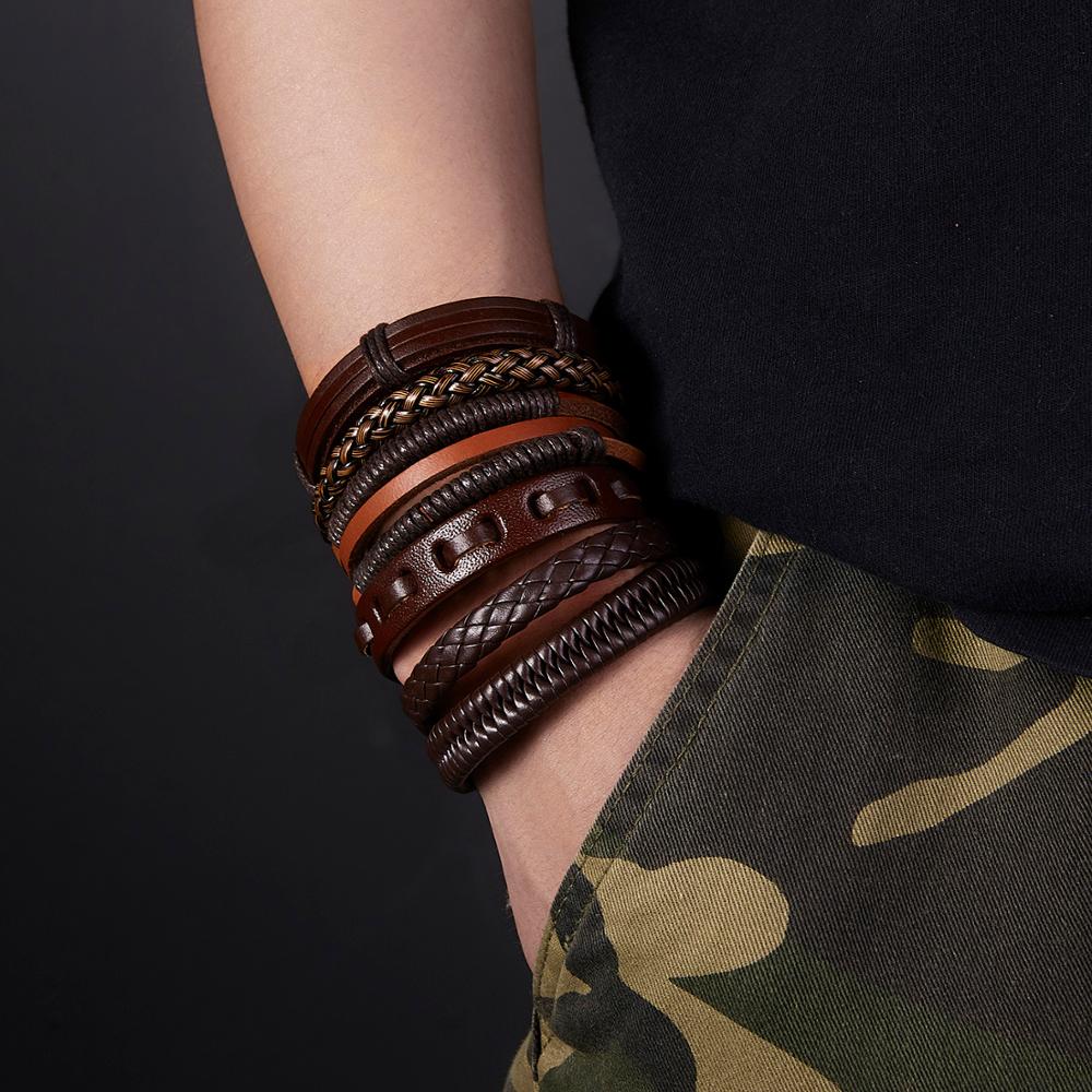 RINHOO Jahrgang lässig Leder Armbänder Charme mehrschichtig flechten wickeln Armbänder Armreifen Punk Männlichen Seil Kette Männer Schmuck