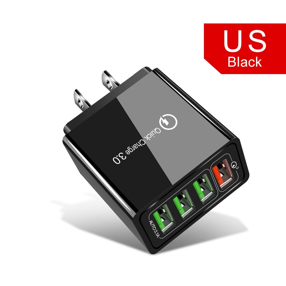 36W Ricarica Rapida 3.0 UE STATI UNITI REGNO UNITO Veloce del Caricatore del USB Per il iPhone X 11 Smausng S20 Xiaomi MI 10 huawei QC3.0 Della Parete Del Caricatore Del Telefono Mobile: Charger With Light / Black  4 Port  US