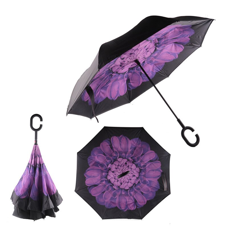 Vindtæt omvendt foldning dobbeltlag omvendt paraply selv stå ud og ud regn beskyttelse c-hook hænder til kvinder børn