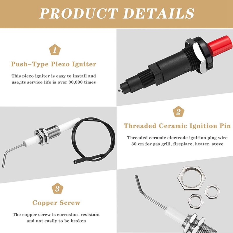 AU -4 Pieces Propane Push-Type Piezo Igniter Kit with Threaded Ceramic Electrode Ignition Plug Wire 30 cm for Gas Grill