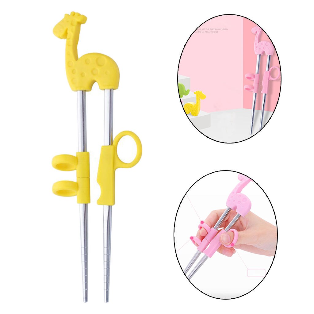 1Pair Stainless Steel Chopsticks For Kids Cartoon Learning Chop Sticks Reusable Training Chopsticks Cute Children Tableware Set: A Yellow Giraffe