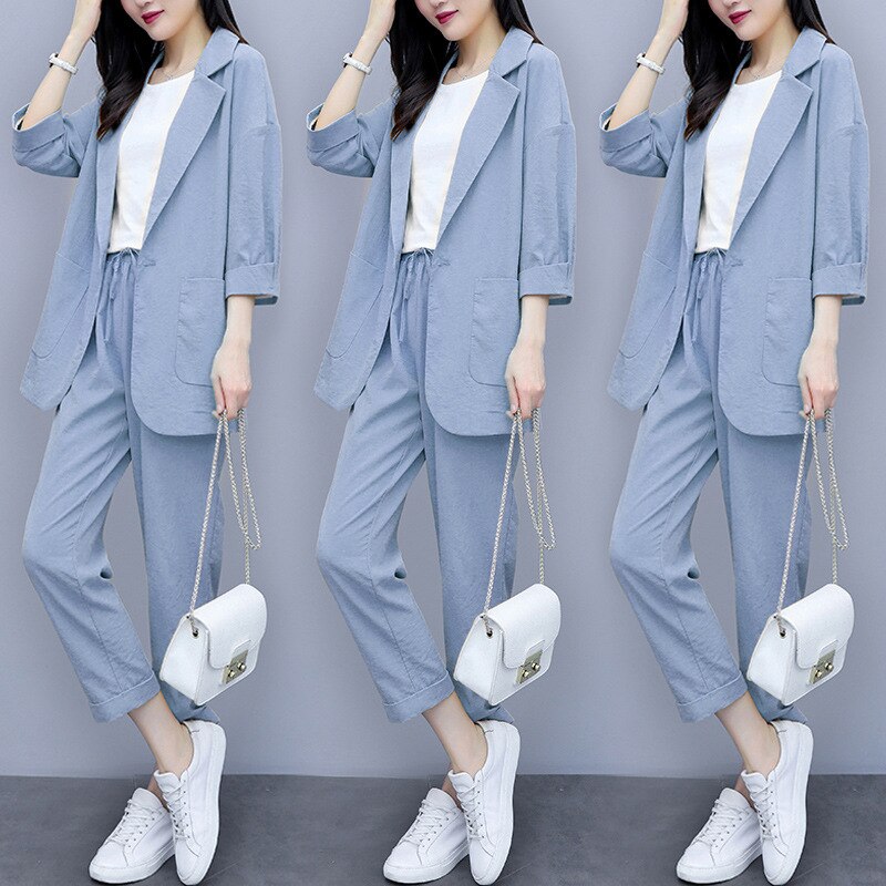 Casual Solid Women Pant Suits Notched Collar Blazer Jacket & Pencil Pant Female Suit Autumn OL Office Wear Blue Women Suits: 01 / L