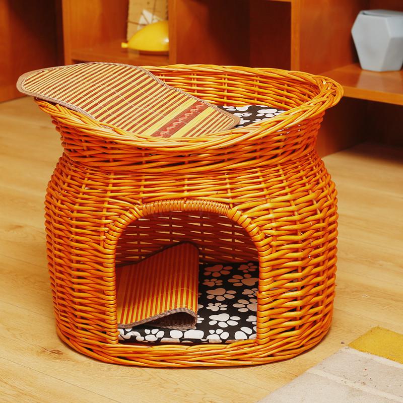 Nido de gato de verano de ratán, casa de gato universal para las cuatro estaciones, casa de campo, jaula de gato de doble capa, suministros de gatos extraíbles, nido de perro