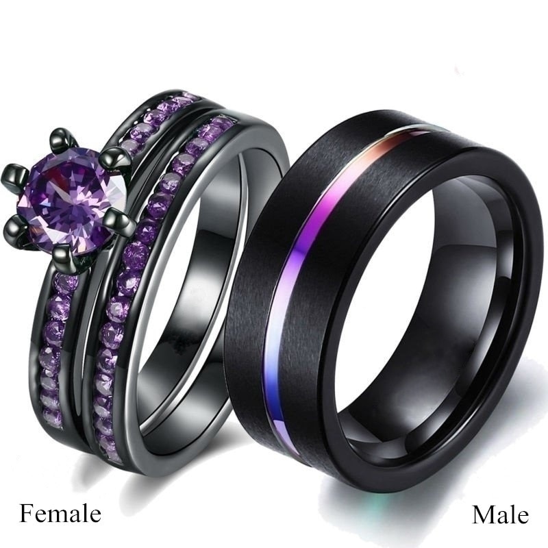 Liebhaber Ring Trendy Regenbogen Hartmetall Männer der Ring Nette Frauen Lila Zirkonia Ringe Set Für Hochzeit Ring Liebe