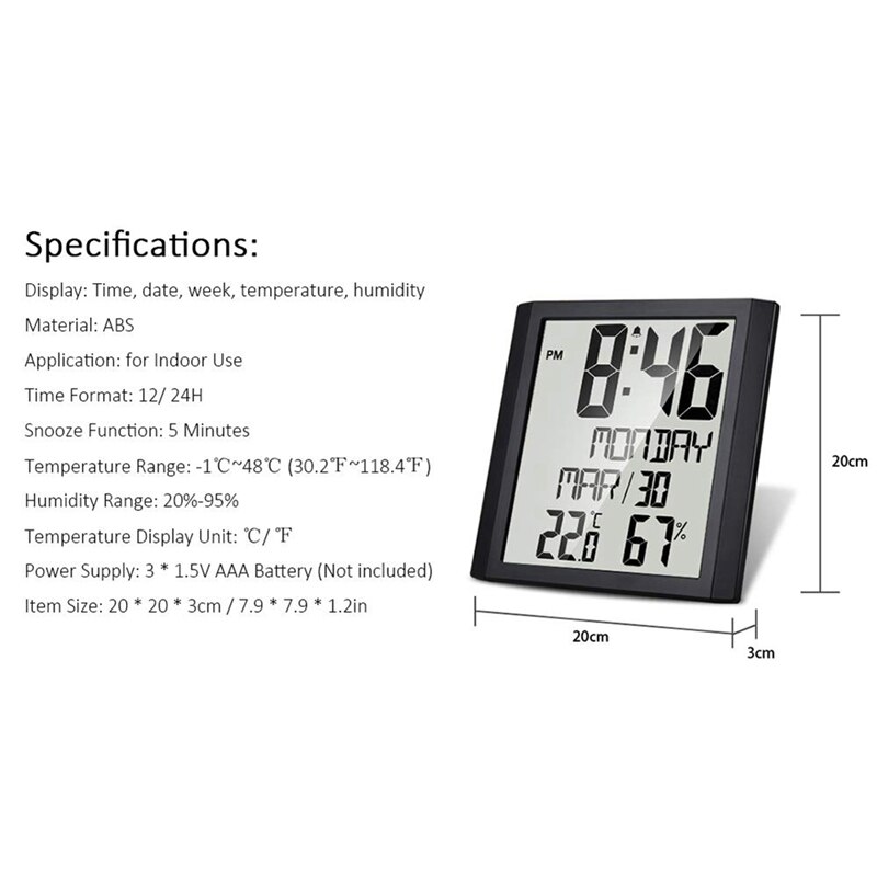 Digital Wall Clock with Temperature &amp; Humidity 8.6 inch Large Display Time/Date/Week Alarm Clock for Home Office