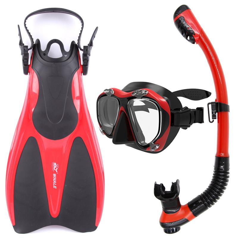 Équipement de plongée sous-marine avec baleine et tuba longue durée, Tube respirant, chaussures avec masque de plongée sous-marine, tuba, ensemble à nageoires: Red XS-M