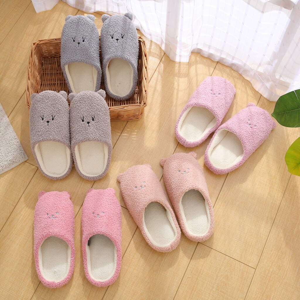 Vrouwen Leuke Cartoon Beer Slippers Winter Warm Flock Slaapkamer Slipper Indoor Platte Schoenen Zachte Pluche Slippers Zapatos De Mujer FN55