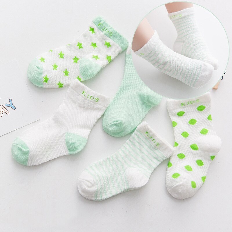 5pairs/lot Baby Cotton Socks Star Moon Print Newborn Socks Set for Girls Boys Summer Mesh Soft Toddler Socks for 0-1 Years: green