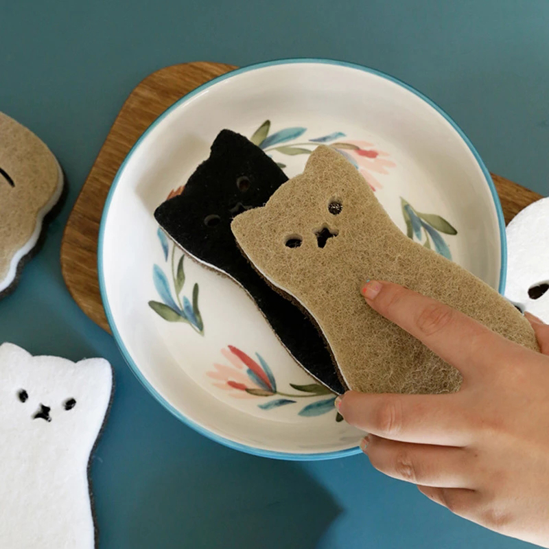 4 pz/set Spugna per Lavare i Piatti Simpatico Gatto Strofinaccio Cucina Bagno Pulizia Spugnetta Spazzola Pentola Specchio Pulizia del Vetro Pulire Strumento