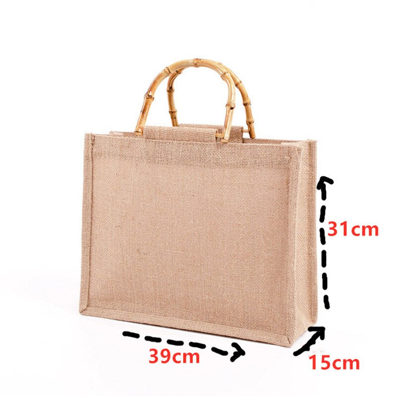 Jute Vrouw Hand Tas Katoen Hennep Jute Boodschappentas Bamboe Handvat Klassieke Shopper Tassen Lady Hand Tassen Eco Vriendelijke tassen: Beige