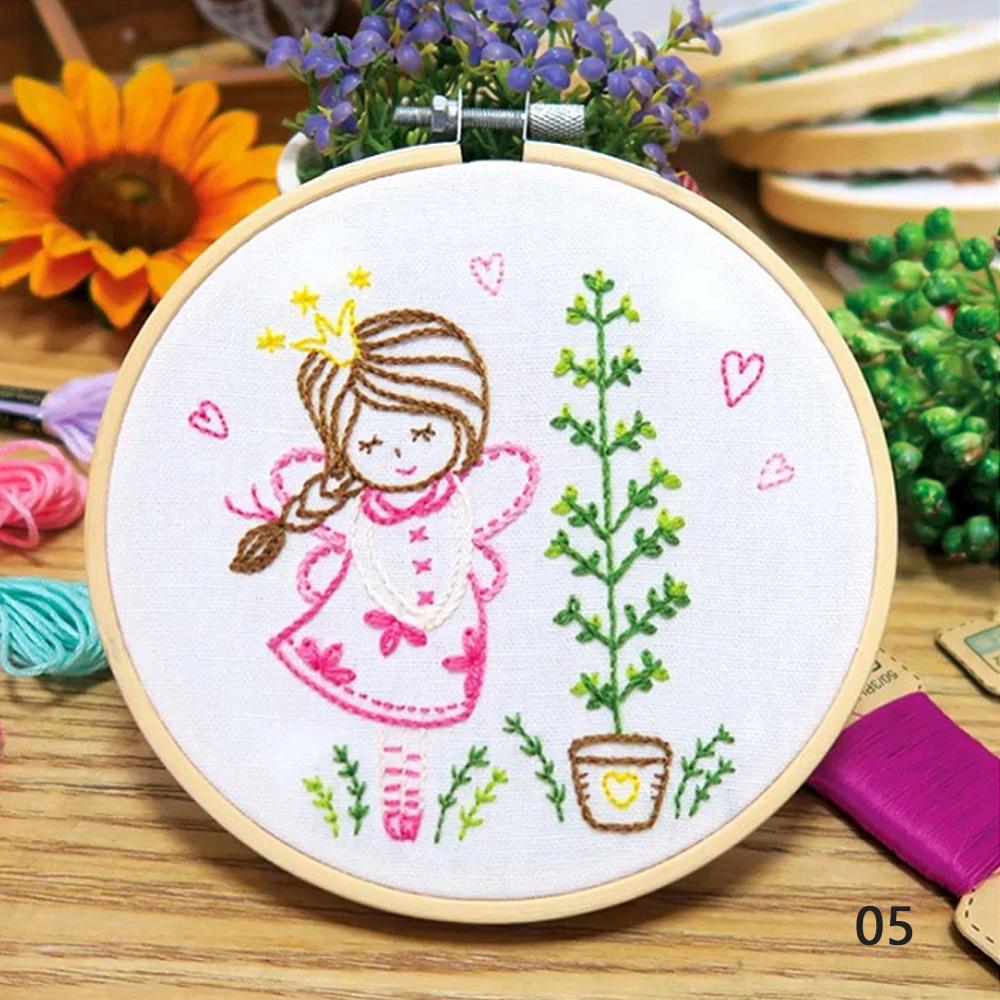 Cute Green Hands DIY Handcraft Beginners Embroidery Kit Needlework Stitch Kit Cotton Painting Embroidery With Hoop Home Decor: Princess