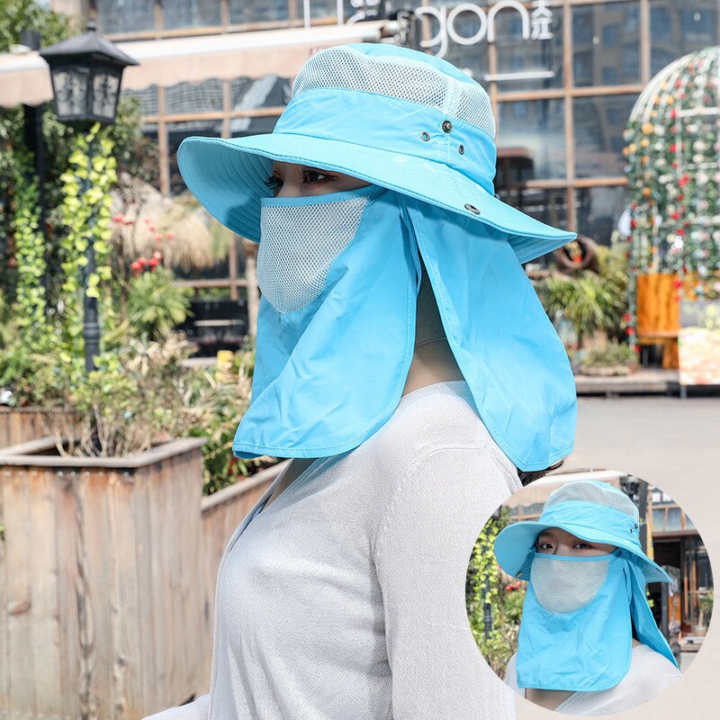 Camoland uv beskyttelse solhatte med ansigt hals flap kvinder mænd åndbar mesh spand hatte mandlige udendørs vandreture fiskeri cap: Himmelblå