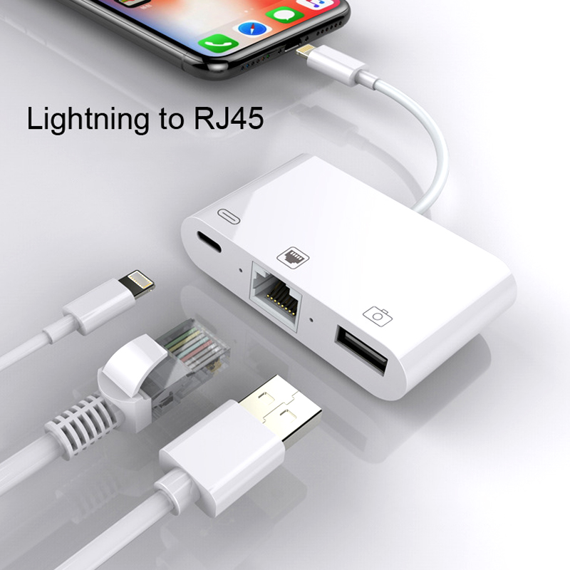 Adaptador Ethernet RJ45 con puerto de carga USB OTG, dispositivo 3 en 1 para Lightning iPhone 14, 13, 12, 11, 8, 7, 6, 5 /iPad/iPod