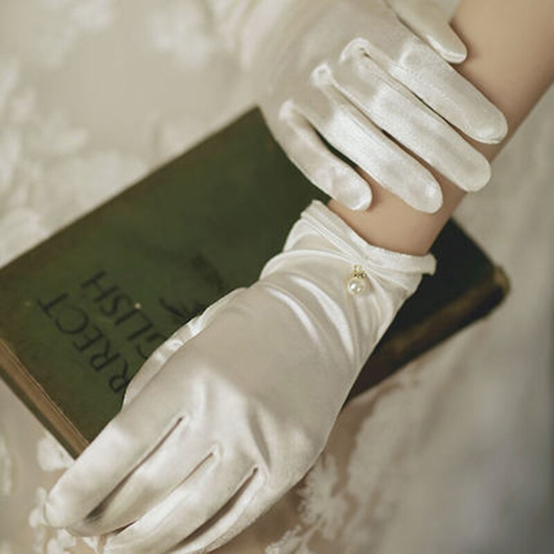 Women's Summer Thin Short Satin Elastic Etiquette Dress Gloves Pearl Lace Bow UV Sunscreen Cycling Driving Mittens K69