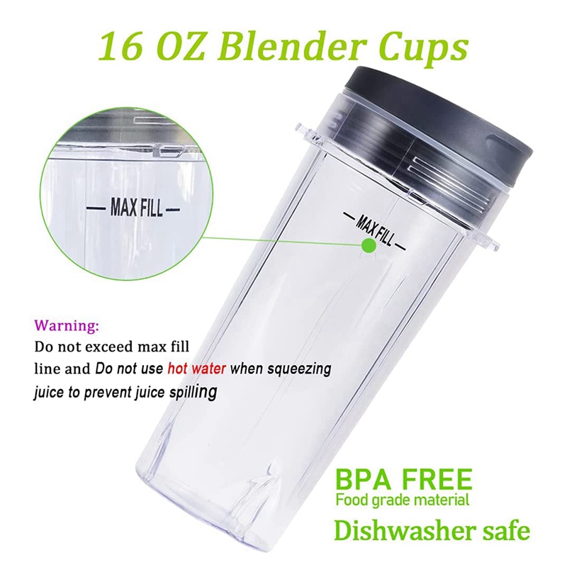 Replacement Parts for Nutri Ninja, 6 Fin Blender Blade and Cups Set for Blender BL660 BL770 BL780 BL740 Etc.