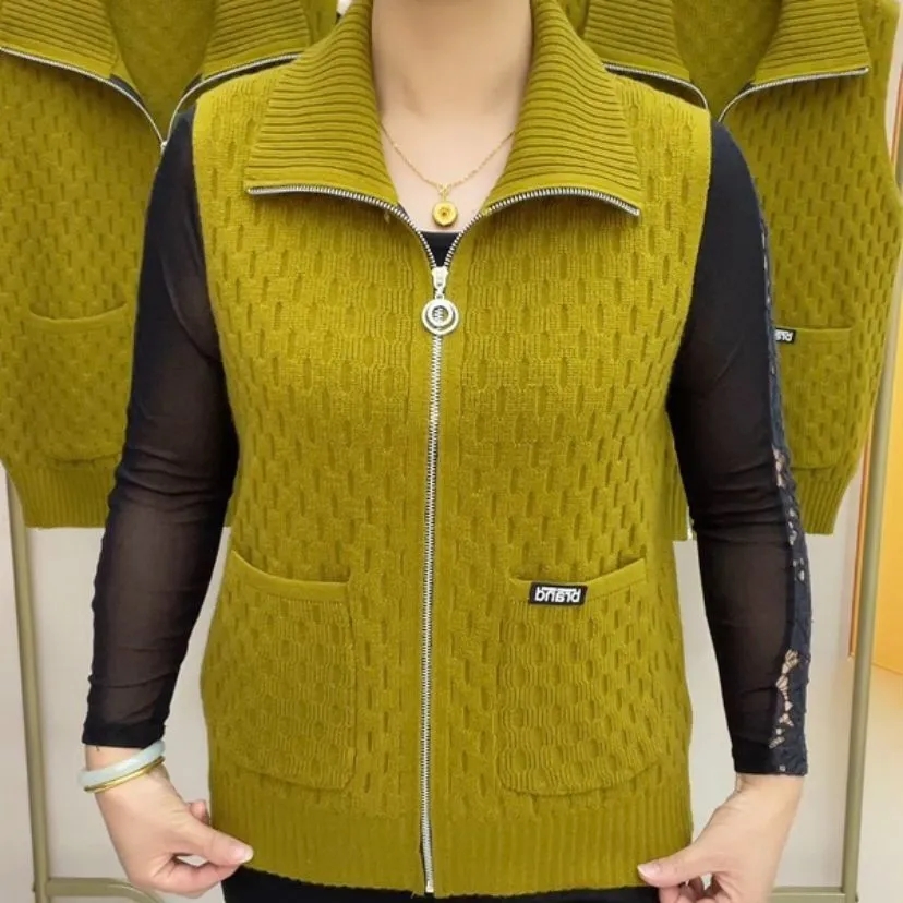 Morvest forår efterår revers strikket cardigan sweater frakke ensfarvet lynlås ærmeløs jakke damevest 5x