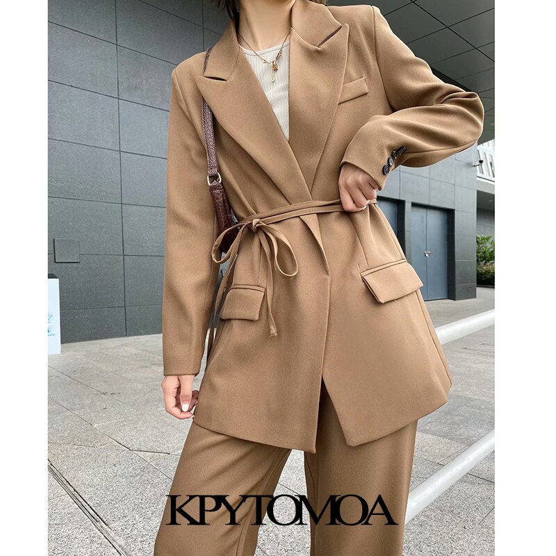 KPYTOMOA Women With Tied Wrap Blazers Coat Vintage Long Sleeve Pockets Female Outerwear Chic Tops