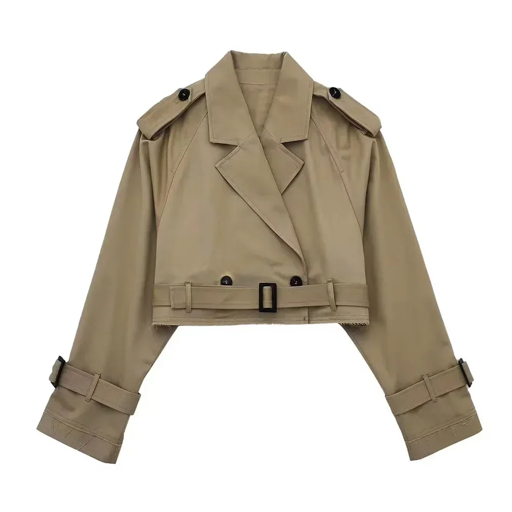 Dames cropped blazers jassen herfst elegante vintage effen kleur lange mouw dubbele rij knopen trenchcoat met riem: S / Blauw