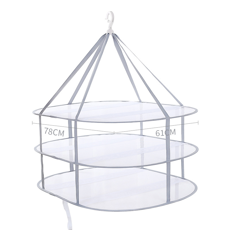 Grey Double-Layer Clothes Drying Net Collapsible Windproof Clothes Basket Polyester Breathable Dry Socks Drying Rack Laundry: 61x78cm 3 layers