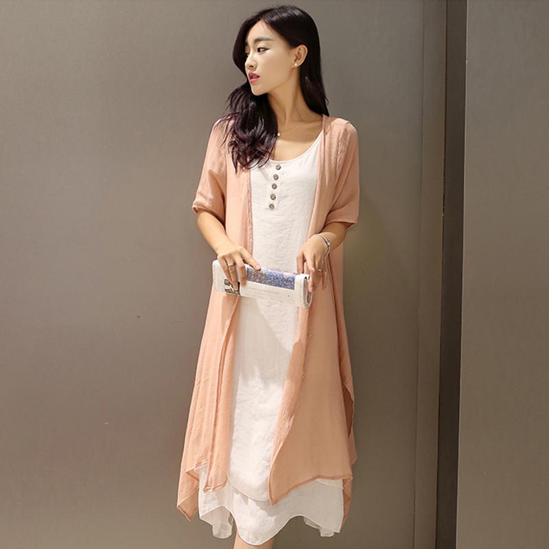 Yfashion Women Dresses Spring Summer Retro Linen Dress Summer Sleeveless Buttons Dress+Thin Coat Set Women Two Piece Set