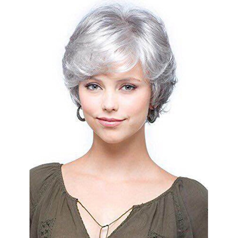 HAIRJOY-Peluca de cabello sintético para mujer, Pelo Rizado corto, color plata, blanco, gris, degradado, fibra resistente al calor: silver white