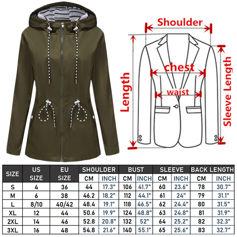Blue Waterproof Hooded Jacket Women Casual Coat Waist Drawstring Tie Zipper Switch Red Green Yellow Black Windbreaker