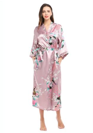 Peignoir kimono en satin pour femmes, vêtements de nuit longs, en élasthanne, motif imprimé paon floral, pour fête, mariage, demoiselle d'honneur
