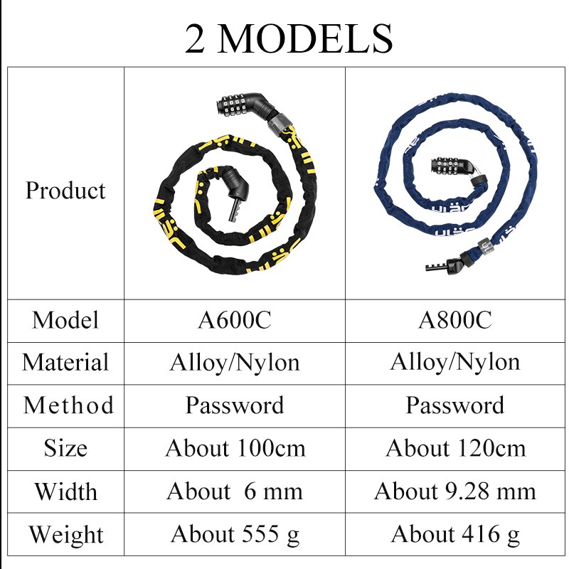 ULAC Bike Lock Chain Anti-theft Cycling MTB Road Bike Ultra-light Portable Lock Password Lock Bicycle Safety Stable Accessories