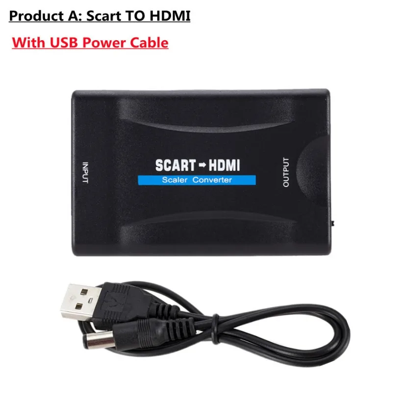 YIGETOHDE 1080P SCART naar HDMI-compatibele Video Audio Upscale Converter Adapter voor HD TV DVD Sky Box STB Plug en Play DC-kabel: Black
