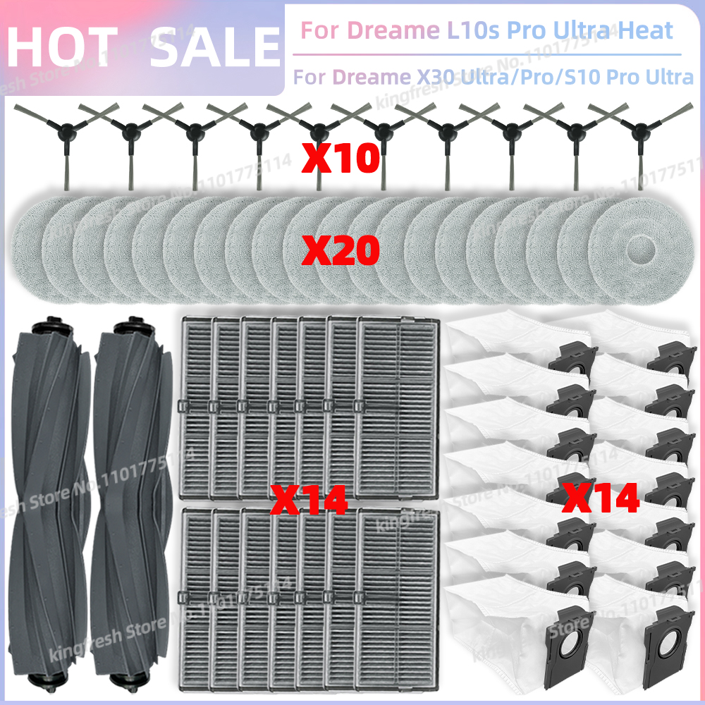 Compatible avec (Dreame L10s Pro Ultra Heat / X30 Ultra / L10s Ultra Gen 2 , Mova E30 Ultra) Pièces Rouleau principal Brosse latérale Filtre Chiffon de nettoyage Sac à poussière Accessoires