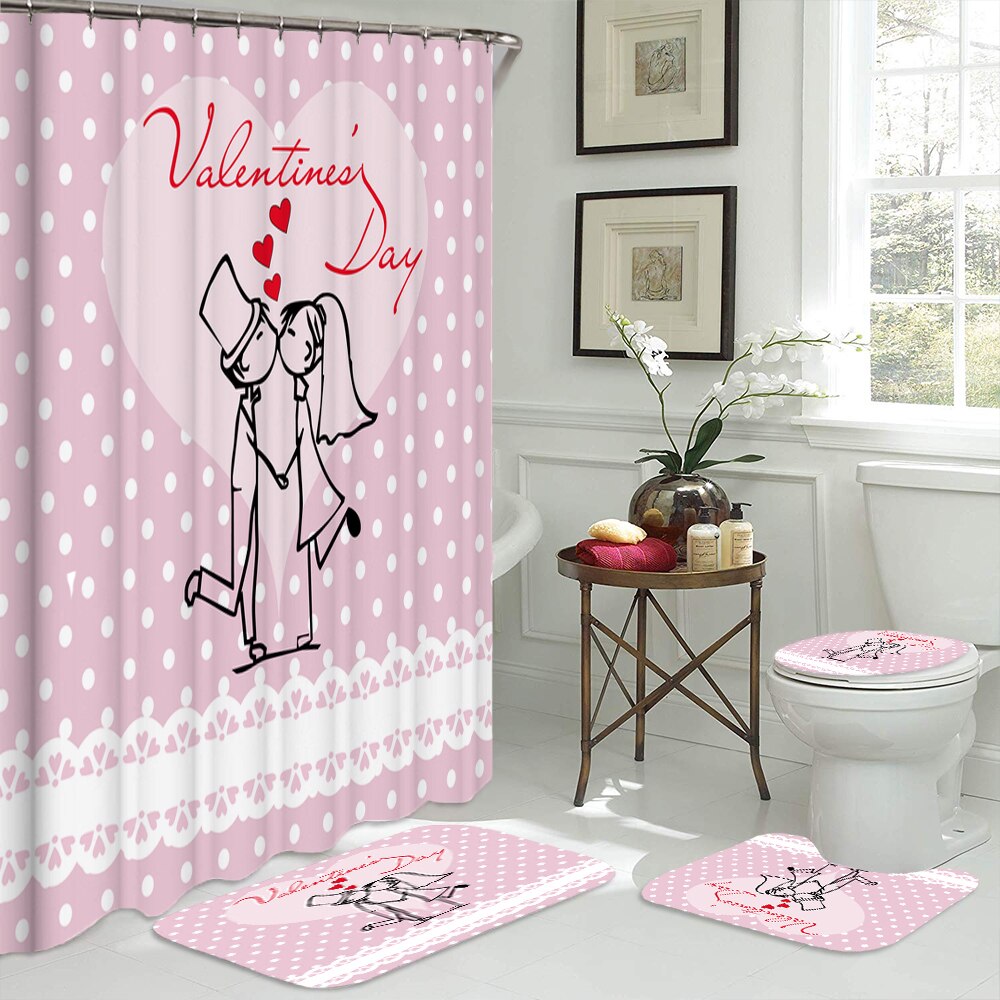 Rose lover badrumsgardin vattentät tyg duschdraperi 3d toalettöverdrag matta halkfri matta set alla hjärtans dag dekoration: E 4 st