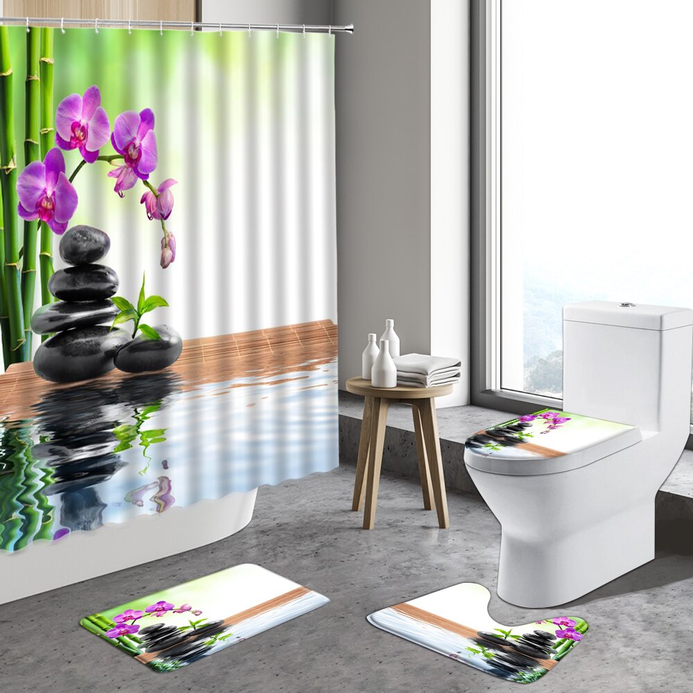 4pcs Zen Stone Shower Curtain Green Bamboo Orchid Flower Plants Anti-Slip Bath Mats Toilet Lid Cover Bathroom Decor Carpet Rugs: 7517J -4pcs set