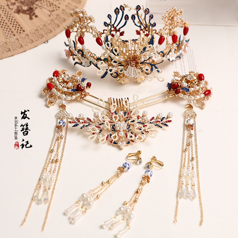 Hanfu tocado mujer antigüedad precioso Phoenix Crown accesorios para el cabello conjunto Kanzashi paso sacudida perla borla adornos para el cabello: Set C